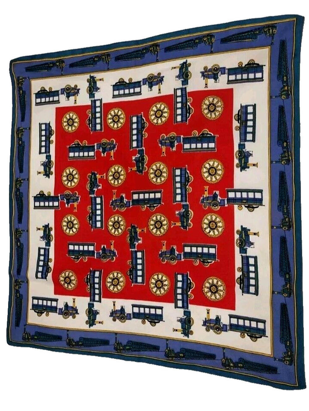 60s 70s Men's Scarf Trains Acetate Red White & Blue Traincarts Victorian Design